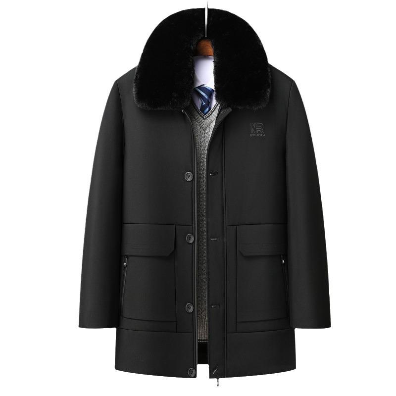 Abrigo de plumón grueso para hombre de longitud media con cuello de piel - Ropa exterior de algodón elegante para papás de mediana edad y mayores