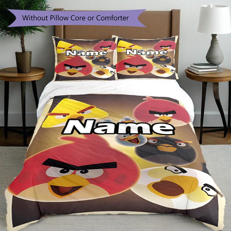 3pcs Duvet Cover Set (1*Duvet Cover + 2*Pillowcase, Without Core), Custom Name Angry Birds Pattern Bedding Set, Home Bedroom Decor Gift