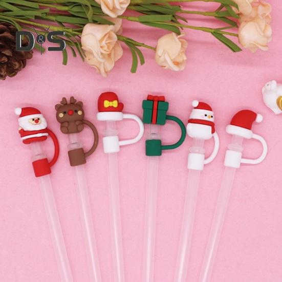 2Pcs Christmas Silicone Straw Cap 10mm Reusable Dust-Proof Straw Topper for Cup Party Decor Santa Claus Snowman Elk Christmas Tree Bells Straw Tips