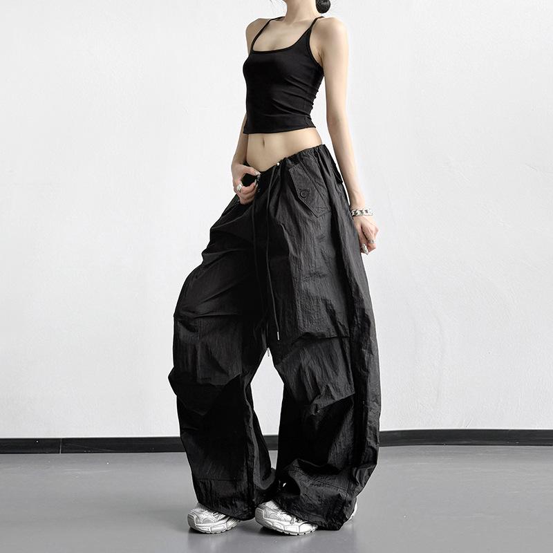 Women s Black Wide-Leg Paratrooper Pants - 2026 Spring Casual Outdoor Fashion M