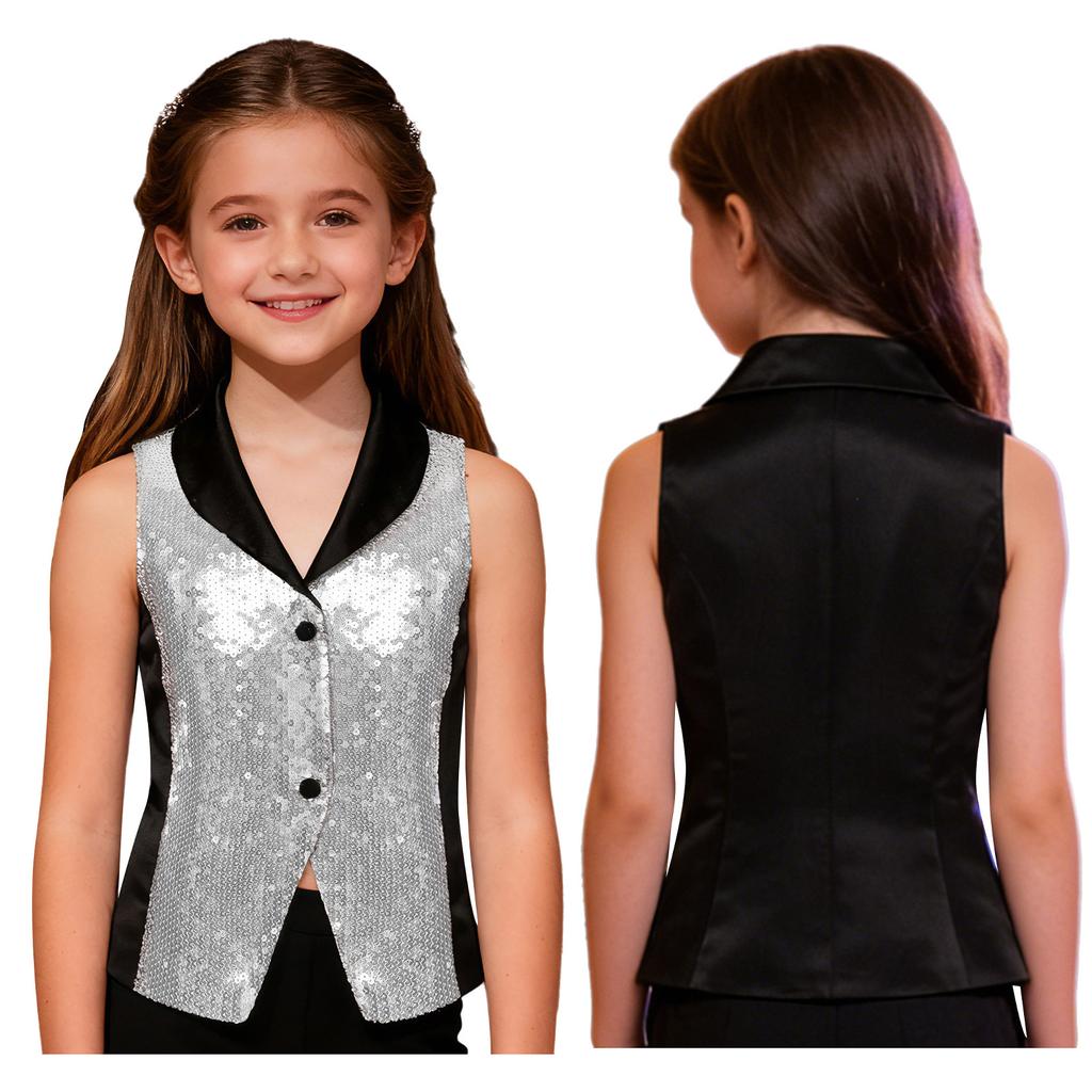 Třpytivá pódiová vesta pro dívky: Saténová vesta s kontrastními barvami, klopovým výstřihem a patentkami, Nezbytnost pro taneční kostým