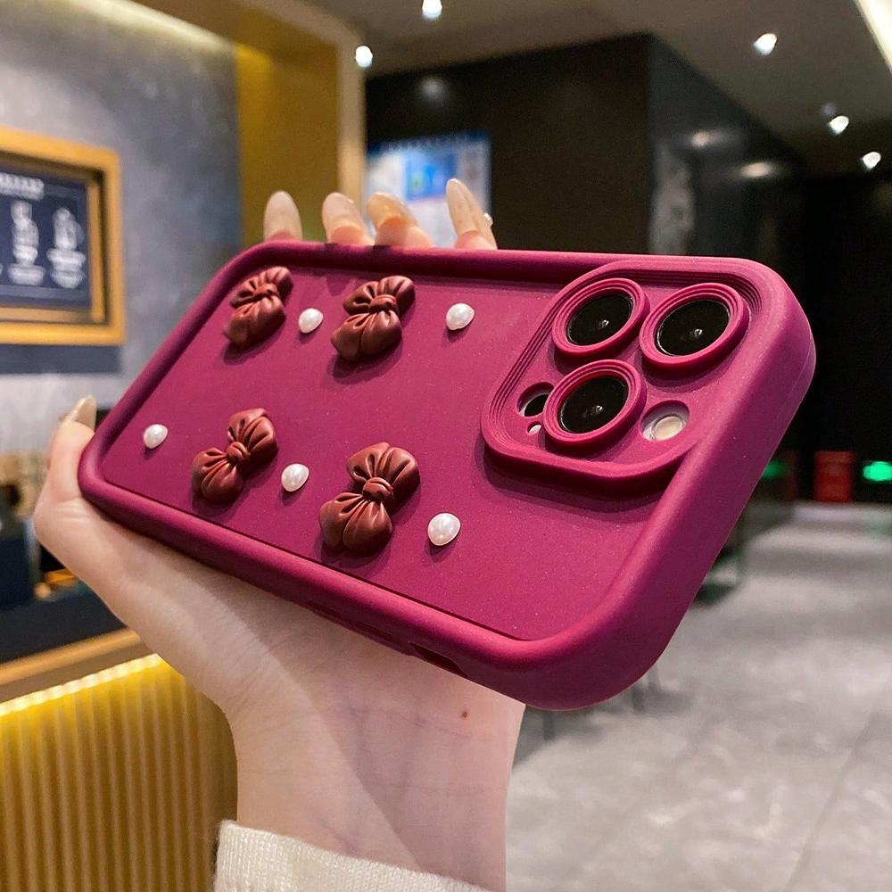 Korean 3D Bowknot Pearl Silicone Phone Case For iPhone 17 Air 16 Pro 15 14 13 12 11 Pro Max 16E 7 8 Plus Shockproof Soft Cover