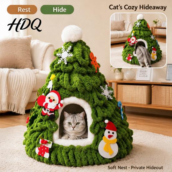 Tree Shaped Cat Bed Christmas Bed Foldable Semi-Enclosed Felt Cave 3D Gift for Cats Holiday Pet House Soft Yarn Hideaway Indoor Cats Xmas