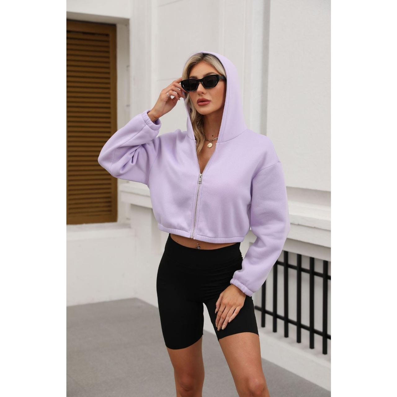 

GMXIA Осень-зима мода молния с капюшоном однотонный короткий длинный рукав толстовка женская XL фиолетовый