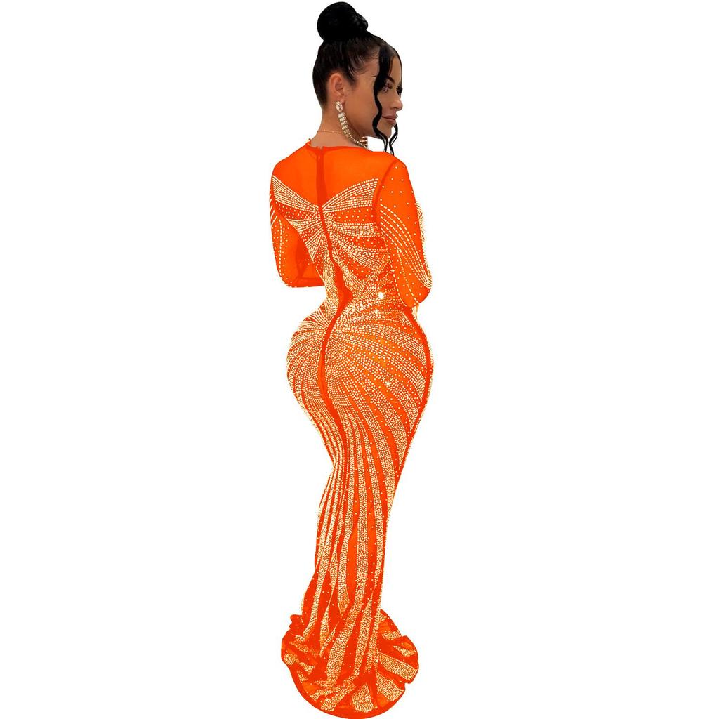European & American Fashion Women's Solid Color Mesh See-Through Hot Drilling Long Sleeve Dress