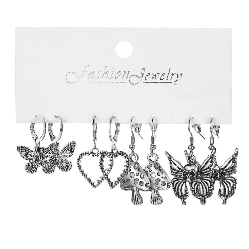Vintage Silver Color Earrings Set for Women Long Sword Mushroom Butterfly Skeleton Snake Gothic Hang Earrings Jewelry