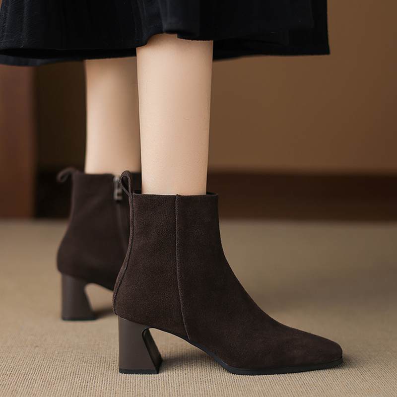 Krazing Pot Cow Suede Nubuck Winter Square Toe Modern Boots Thick High Heels Zipper Women Ankle Boots