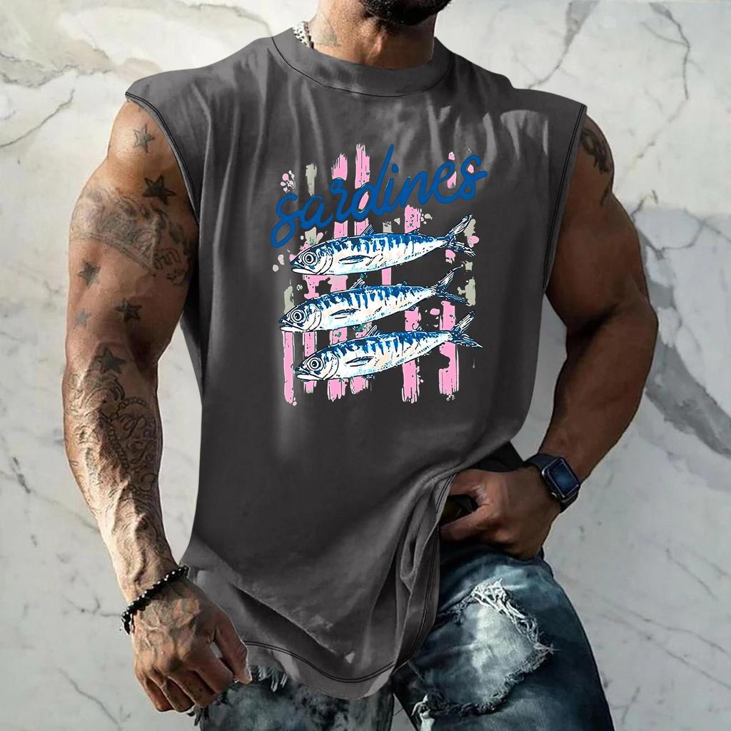 Pánské tílko s vtipným potiskem a retro texturou, volný střih, prodyšné, na letní sporty a streetwear, ležérní pro každodenní nošení