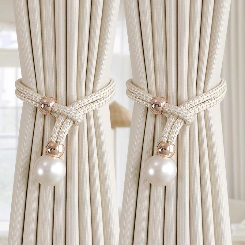 2Pcs Pearl Curtain Tiebacks, Curtain Pearl Tiebacks, Decorative Fixings, Rope Curtain Tiebacks No Punch Adjustable Pull-outs