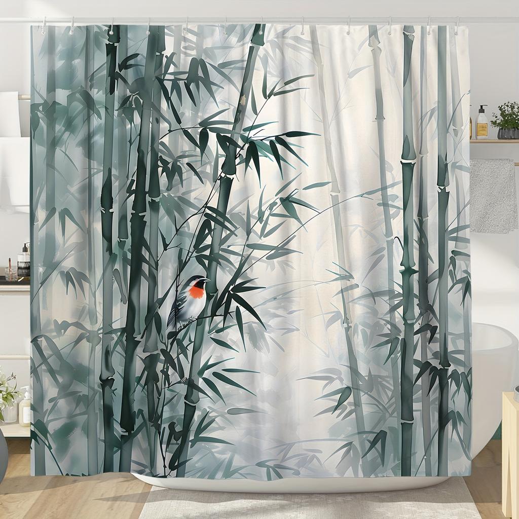 Elegant Bamboo Forest Waterproof Shower Curtain For Bathroom Decor, Featuring A Serene Design With A Bird Perched Among