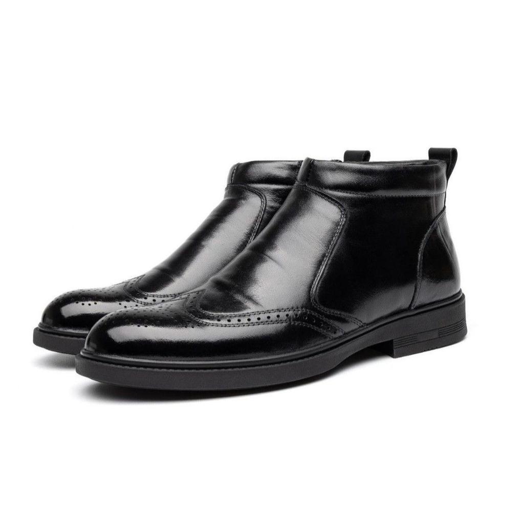Autumn Pointed High Top Leather Shoes Men's Casual Short Boots with Zipper British Block Style High Rise Chelsea Boots