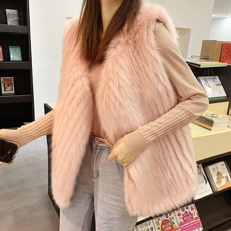 

Новый жилет из искусственного лисьего меха, модный, с плотным плетением, имитация меха енотовидной собаки, свободный стиль для улицы L 105-115 розовый