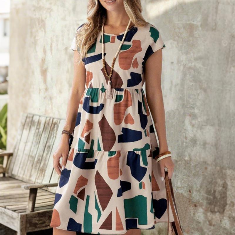

Женское летнее платье с коротким рукавом, круглым вырезом, цветным блоком и принтом, цельное XXL