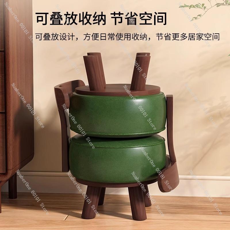 Solid Wood Rotating Stool, Home Living Room Backrest Low Stool, Soft-padded Shoe-changing Stool, Modern Casual Chair
