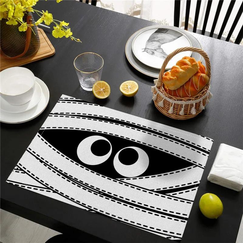 6PC Halloween Pumpkin Black Cat Placemats Festival Kitchen  Linen Dinning Table Mats Bowl Coffee Cup Pads Mats Home Decor