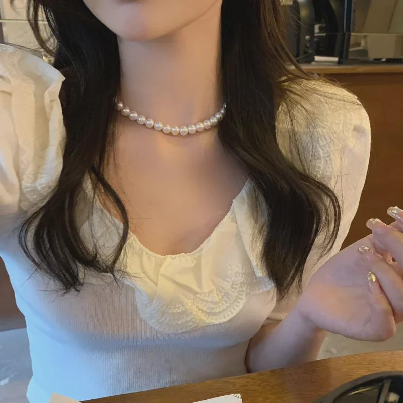 Korean-Style Light Luxury Aurora White Pearl Necklace - High-Gloss, Non-Fading, Summer-Ready Clavicle Chain for Women