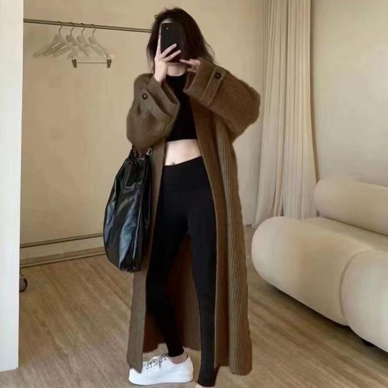 Autumn and winter new design sense lazy style long sweater knitted cardigan women's loose and thin coat top thick