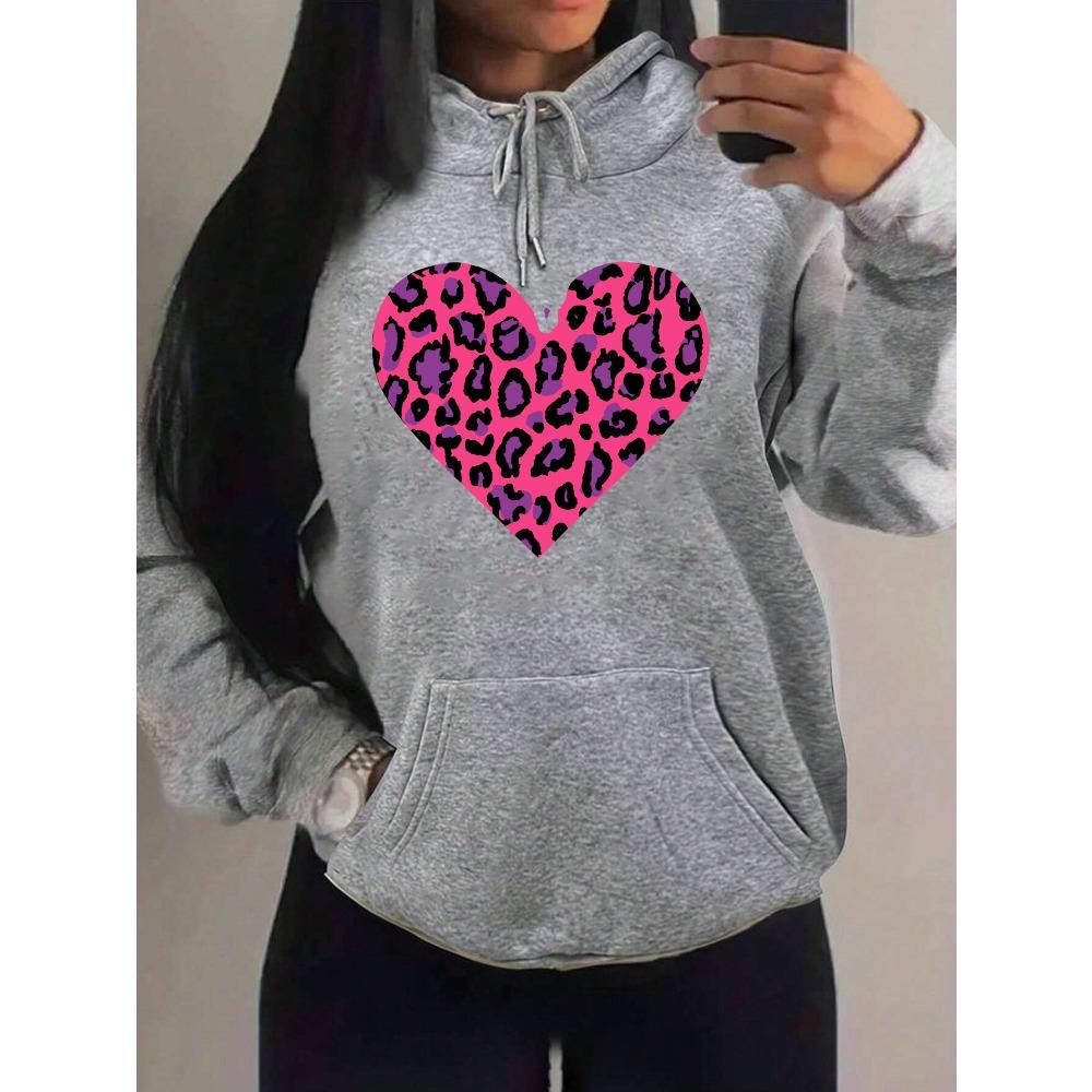 Pink Leopard Print Heart Printing Hoody Women Fashion Oversized Hoodie Pullover Autumn Fleece Clothes