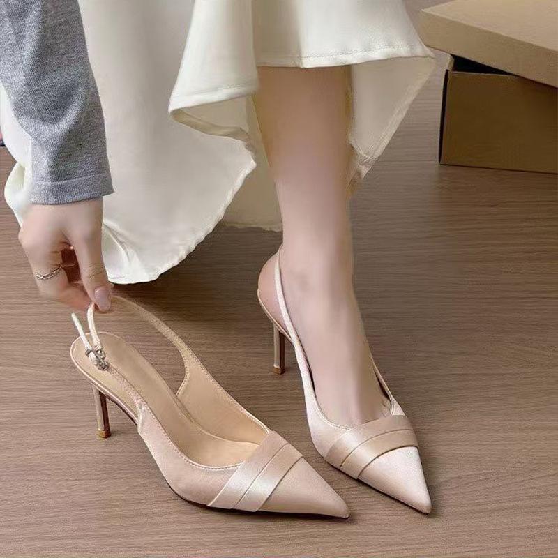 Sandals Women's Satin Temperament Pointed Head Bag Head Thin Heel One-word Buckle Apricot French 2025 New Women with Versatile Sandals