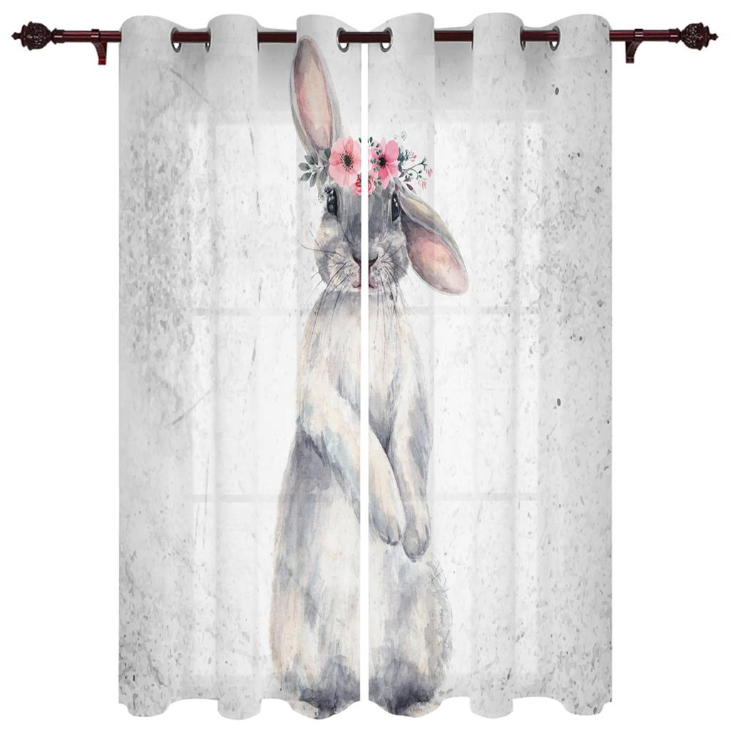 Modern Window Curtains Bunny Rabbit with Flowers Watercolor Luxury Fashion Curtains for Living Room Bedroom Kitchen Drapes