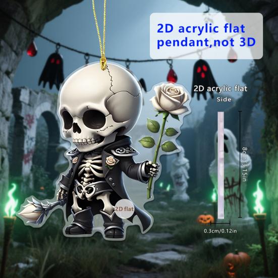Skeleton Rose Pendant Car Rearview Mirror Ornament Acrylic 2D Bag Pendant Halloween Christmas Decoration Gift for Car Enthusiasts