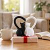 2Pcs Couple Cat Figurine, Black & White Cat Statue with Heart-Shaped Tail, Stable Base Decor for Bedroom Vanity Living Room, Romantic Gift for