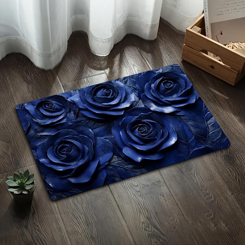 Luxurious Blue Rose Bath Mat, Soft Bathroom Floor Rug, Non-Slip Absorbent Home Decor Mat