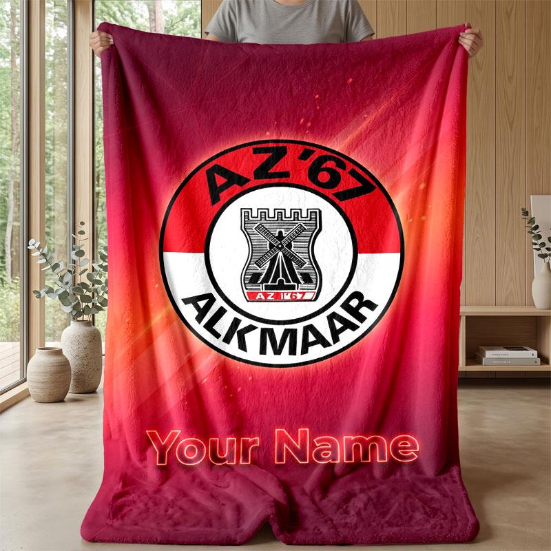Couverture en Flanelle Personnalisée avec Nom et Texte AZ Alkmaar Logo de Football Couverture Polaire Personnalisée Cadeau Spécial pour Canapé Chambre Maison