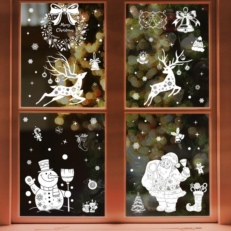 5pcs Christmas Static Cling Window Stickers, White PVC 20cm x 30cm Sheets with Santa Reindeer Snowman & Snowflakes