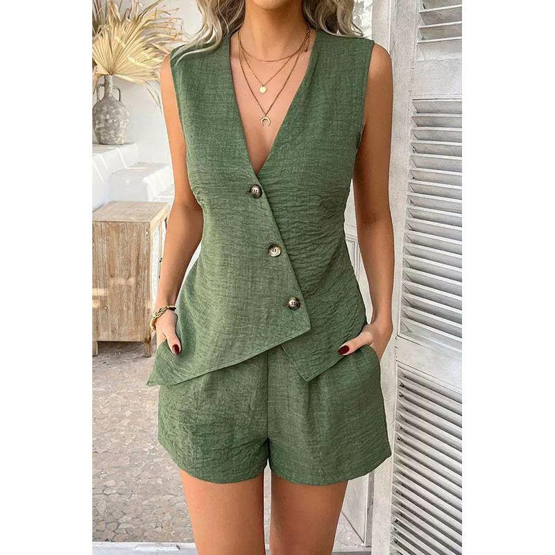 New Fashion Casual Suit European and American New Fashion Casual Lace-up Vest Shorts Two-piece Set Women