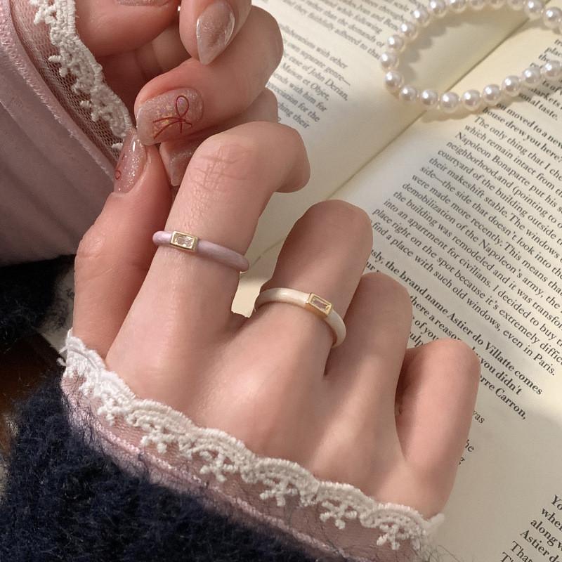 French Contemporary Style Adjustable Copper Ring With Cream Enamel Zirconia And