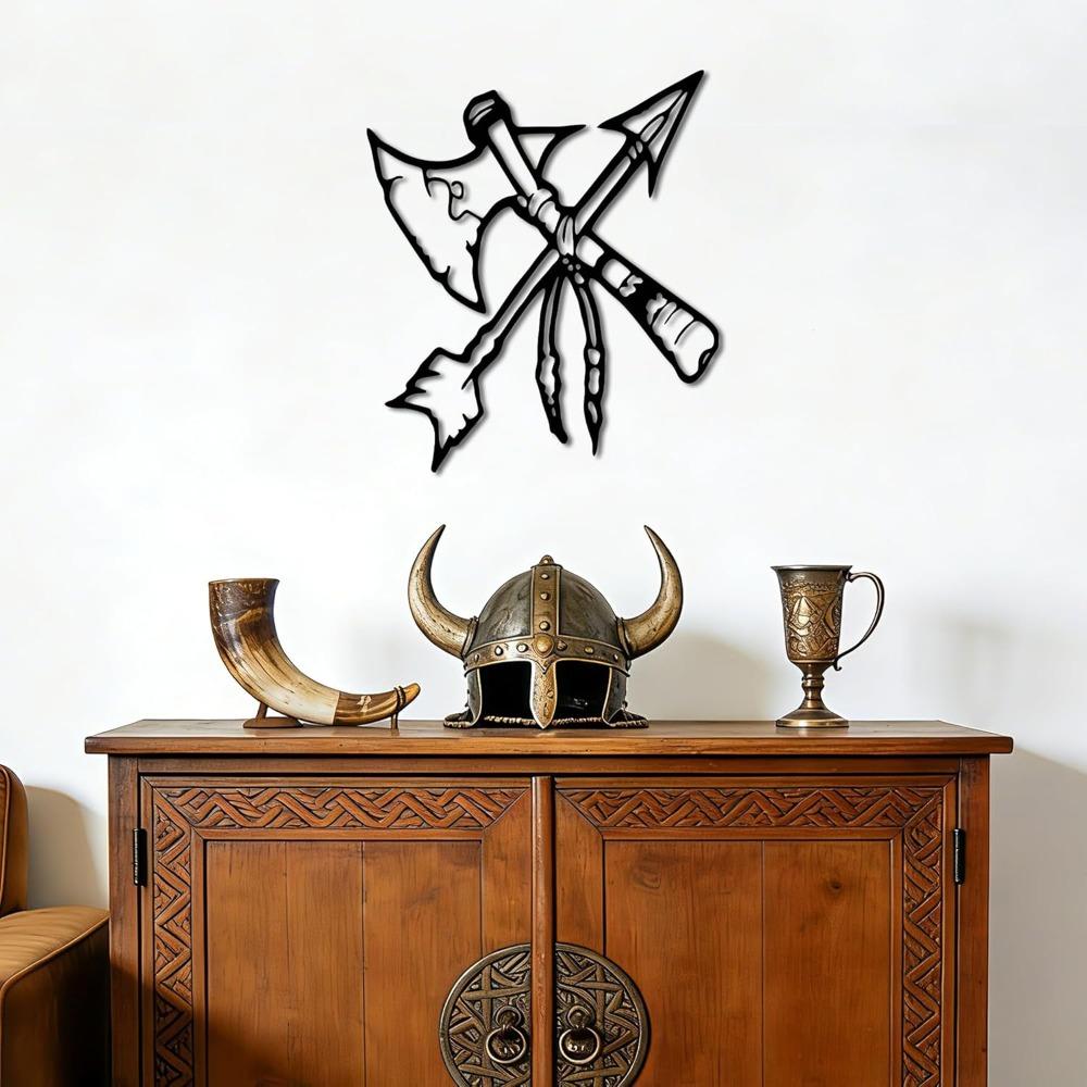 Metal Arrow Wall Art Native American Viking Decor Axe with Arrows Black Rustproof Home Decor 12.5x11 inch for Living Room Office Garden