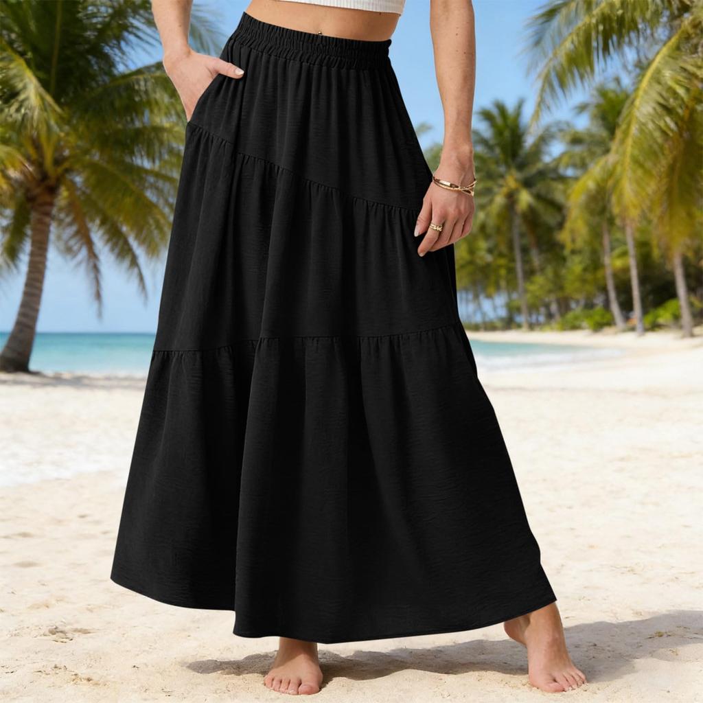Women Casual Summer Loose Maxi Skirt Elastic Waist Lightweight Flowy Tiered Design Comfortable Daily Wear
