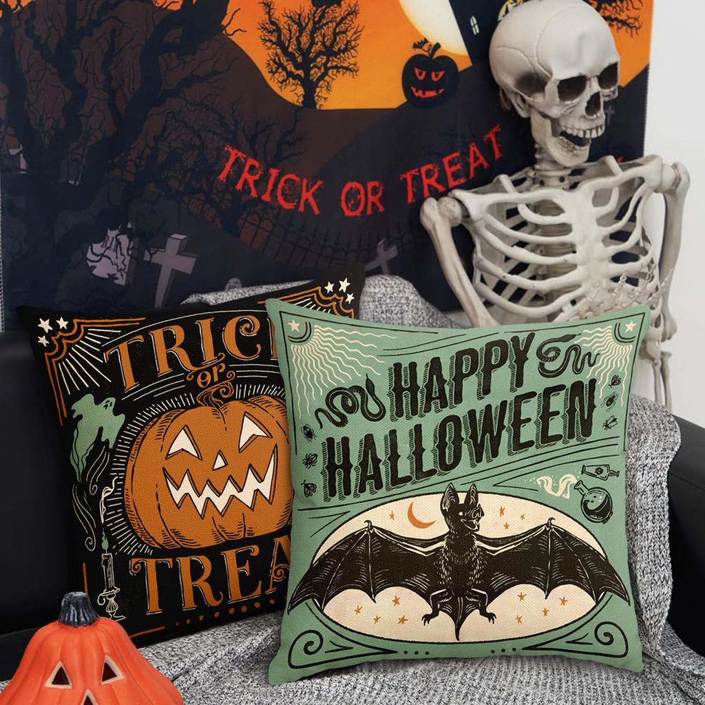 1Pc/4Pcs Retro Halloween Decoration Cushion Cover, Scary Cat, Pumpkin Head, Skull Trick Or Treat Sofa Decoration Cushion Cover