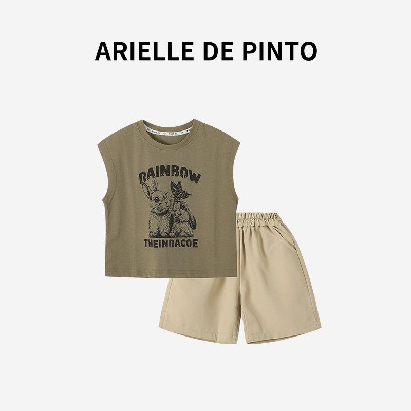 French Arielle De Pinto Boys  Two-Piece Summer Stylish Cartoon Print Sleeveless Vest Set Light green 150