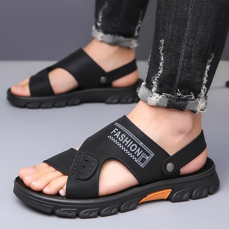 Men Outdoor Flats Hiking Sandals Summer Brown Wide Head Sandals Retro Black Leather Beach Shoes Plus Size EU:45 чёрный