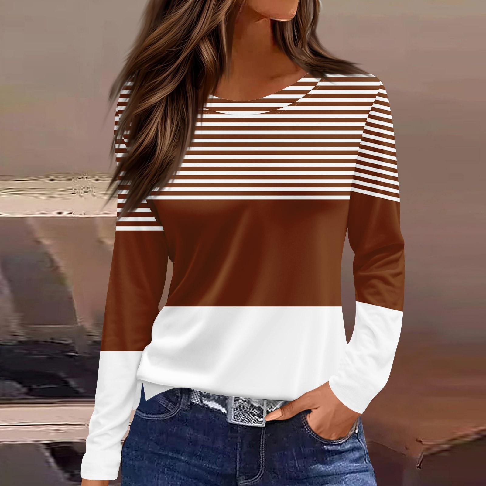 

Женская мода повседневный топ с разрезом по низу и полосками в полоску с градиентным принтом и круглым вырезом с длинными рукавами L коричневый