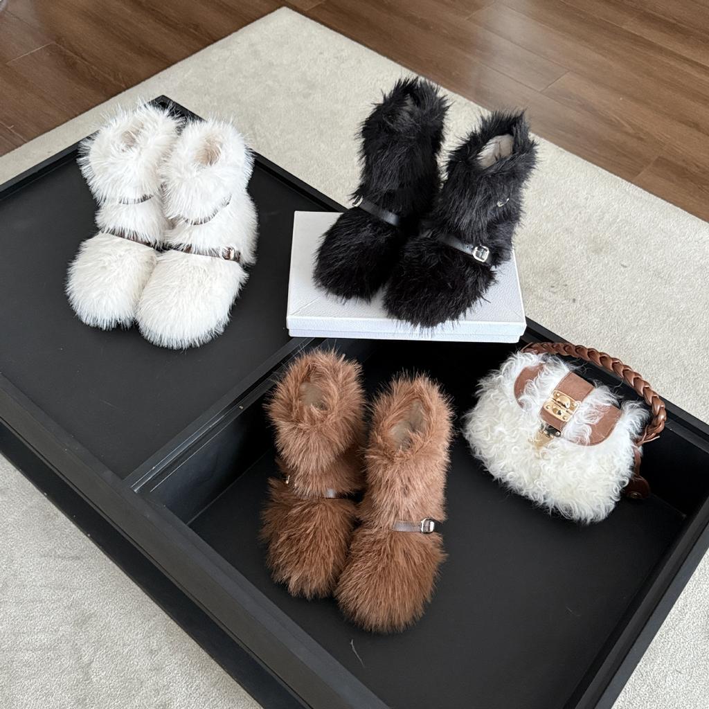 2025 autumn and winter snow boots flat bottom inner height increase thick sole high heel boots women's short boots fluffy boots belt buckle fleece war