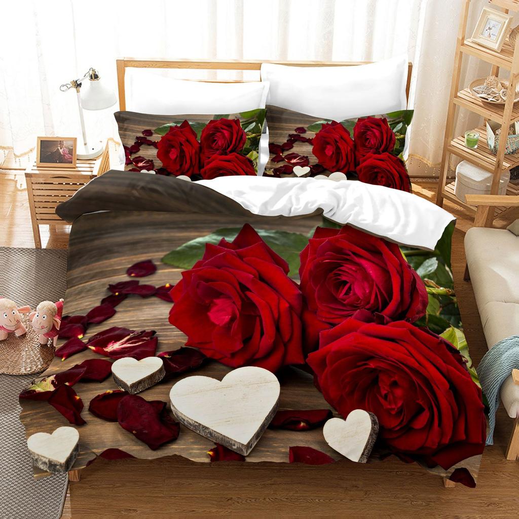 3pcs Bedding Set Red Rose Flowers Print Duvet Cover Set Single Double King Size Bed Set for Adult Home Bedroom with Pillow Case