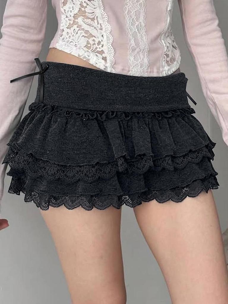 Sweet Girly Ruffle Patchwork Short Skirt - Low-Waist Knit Design