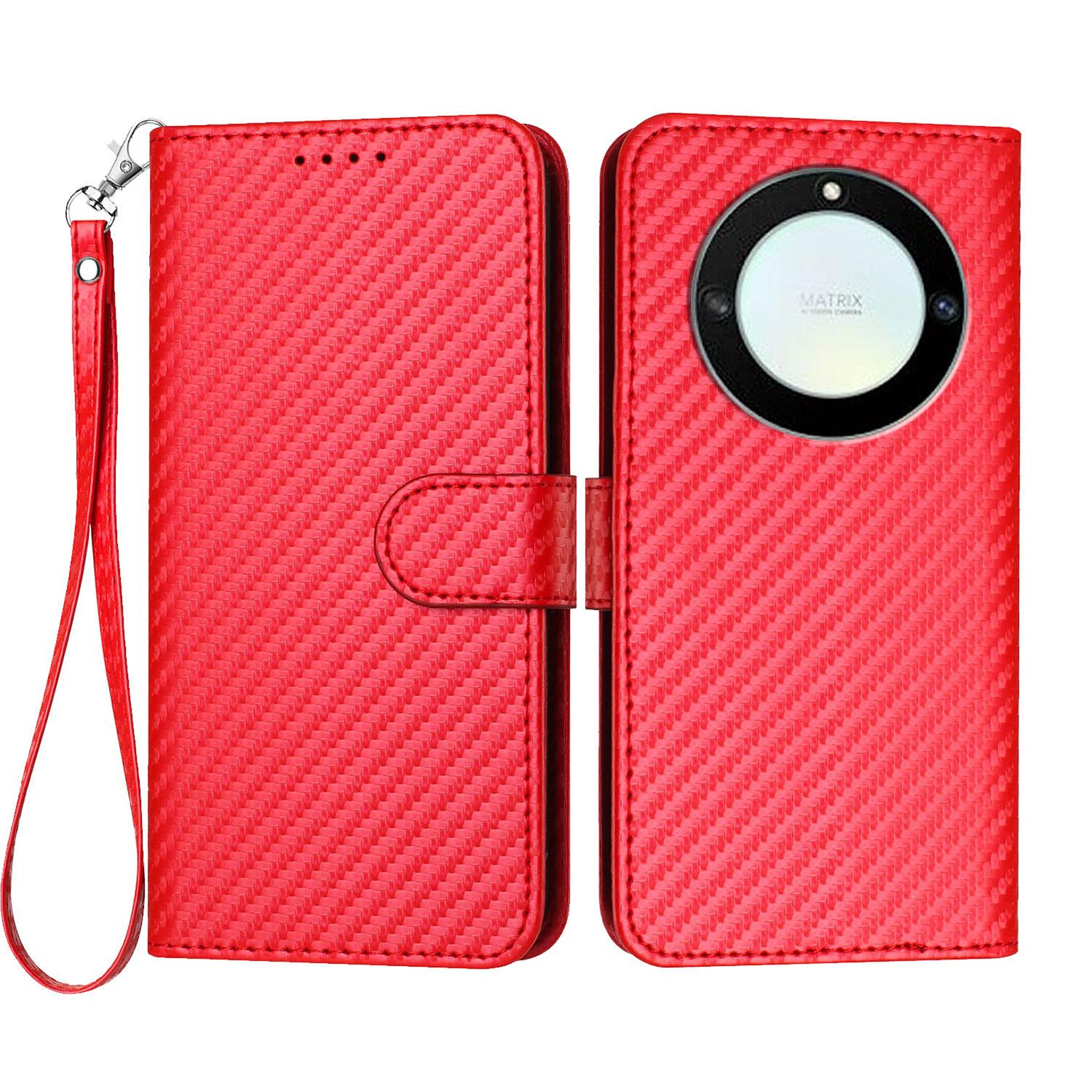

For Honor X9a 5G/Honor Magic5 Lite 5G/Honor X40 5G Wallet Case with Strap Carbon Fiber Texture Leather Mobile Cover Red
