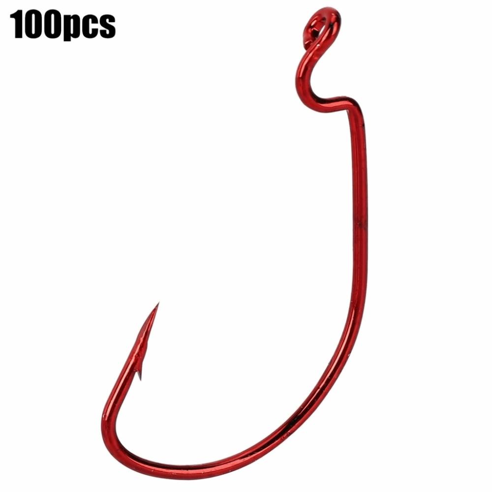 100PCS Red Worm Hooks High Carbon Steel Fishing Hooks Durable Bass Fishing Hooks  Bass Fishing