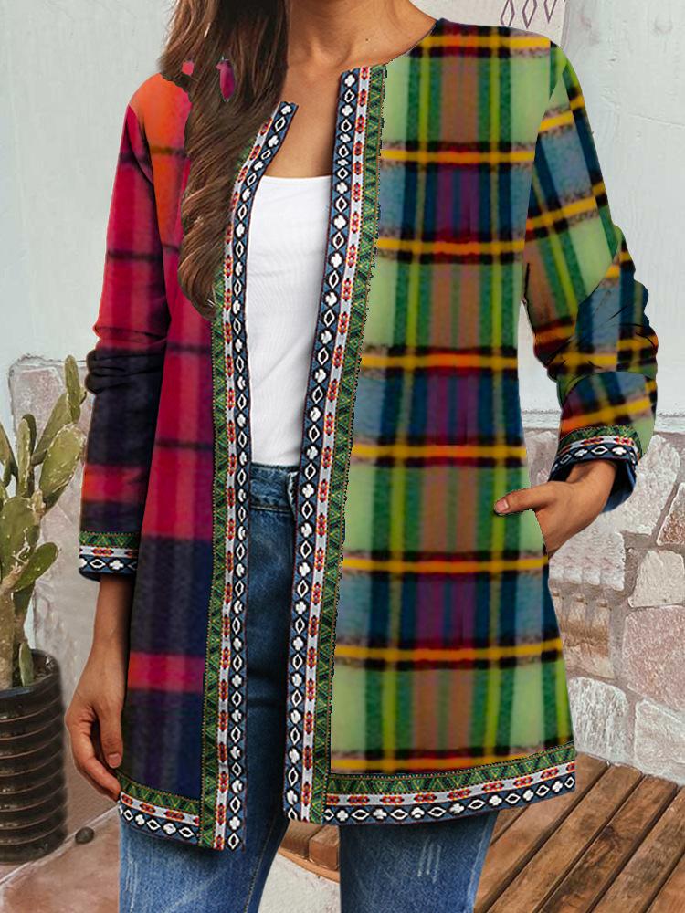 Women's Crew Neck Long Sleeve Cardigan Oversized Vintage Ethnic Print Plus Size Open Front Jacket Casual Outerwear