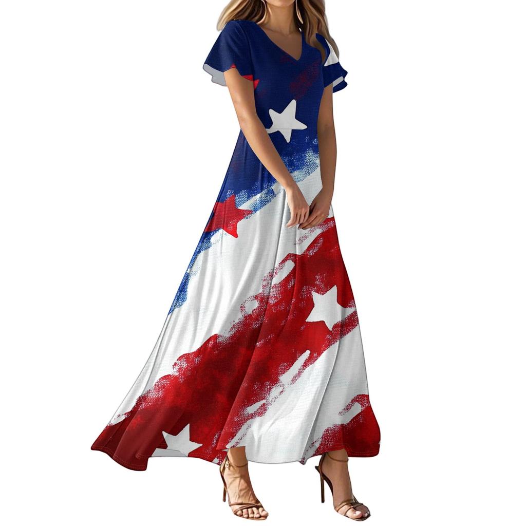Women's Casual Fashion Print Long Dresses V-Neck Short Sleeve Dresses