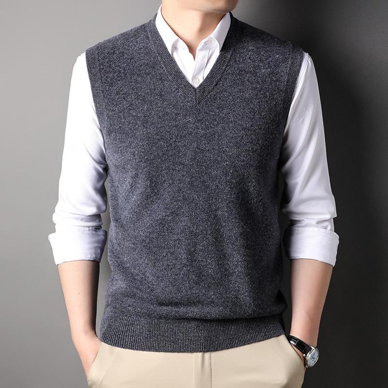 New Autumn and Winter Men's Sleeveless Sweaters Solid Color Warm Vest Cardigan Men's V-neck Vest