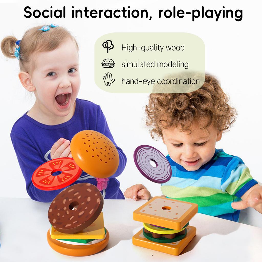 Giocattoli in Legno per Ordinare e Impilare Sandwich e Hamburger Giocattoli da Cucina Simulati Giocattolo Hamburger Montessori per Bambini Educazione Prescolare
