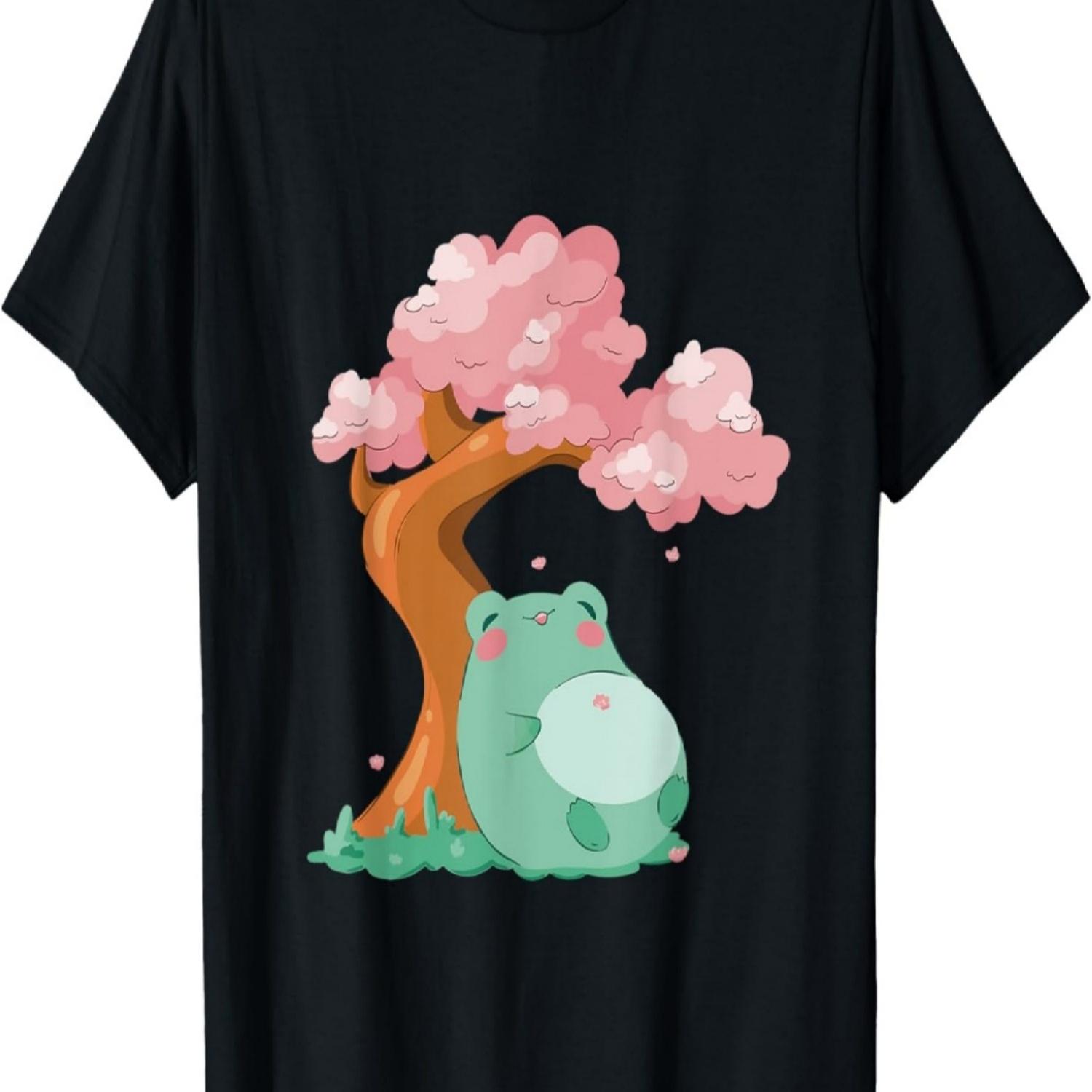 Kawaii Frog under Cherry Blossom Tree T-Shirt S