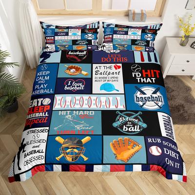 Homewish Teens Baseball Player Duvet Cover Set,Square Plaid Bedding Set,Cartoon Sport Theme Bed Set