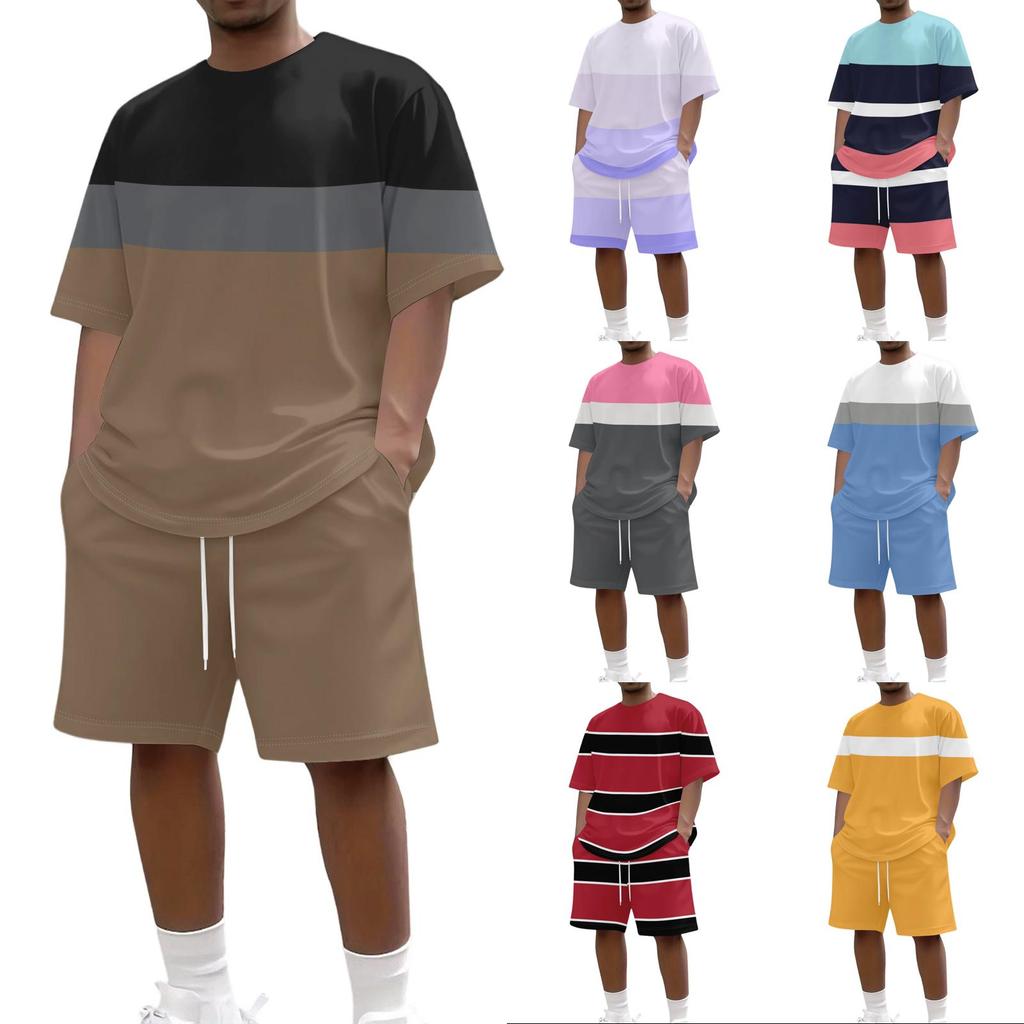 Men Stripe Print Casual Short Sleeve Crewneck Top and Shorts Two Piece Set Relaxed Fit Lightweight Outfit