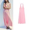 Summer New Product Women's Clothes Ruched Decorative Deep V Neckline Hanging Collar Romantic Midi Skirt Dress 3067352